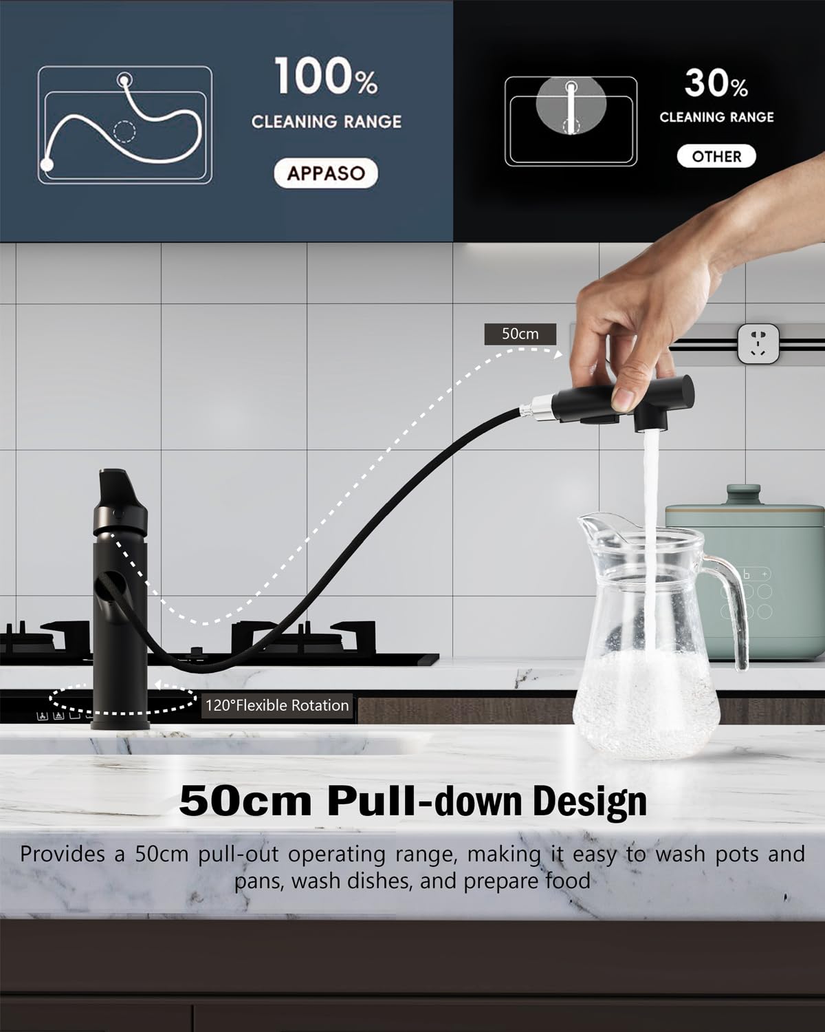 APPASO Wasserhahn Küche Schwarz, Hochdruck Küchenarmatur Ausziehbar, Spültischarmatur Küche mit 2 Strahlarte, 120° Drehbar, Edelstahl Schwarz