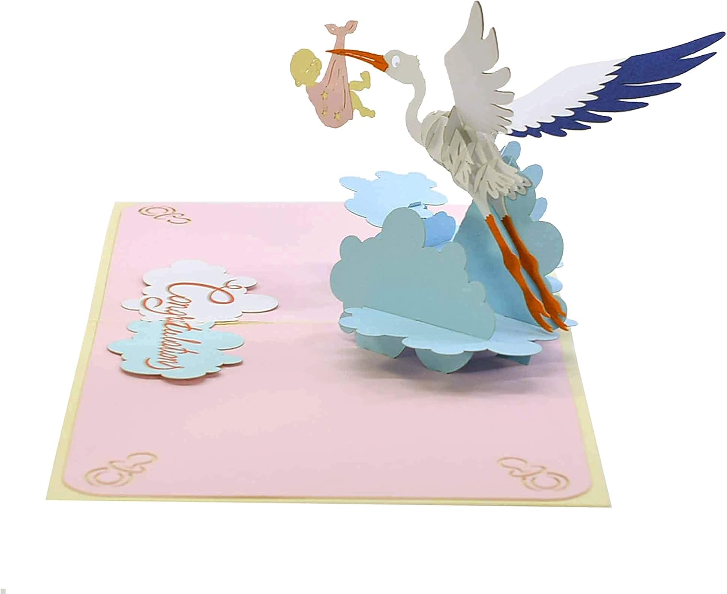 CUTE POPUP 3D Pop Up Baby Shower Card with Stork Design - Handmade Laser-Cut Greeting Card for New Baby Announcement - 6x6 Inch, Envelope Included image 5