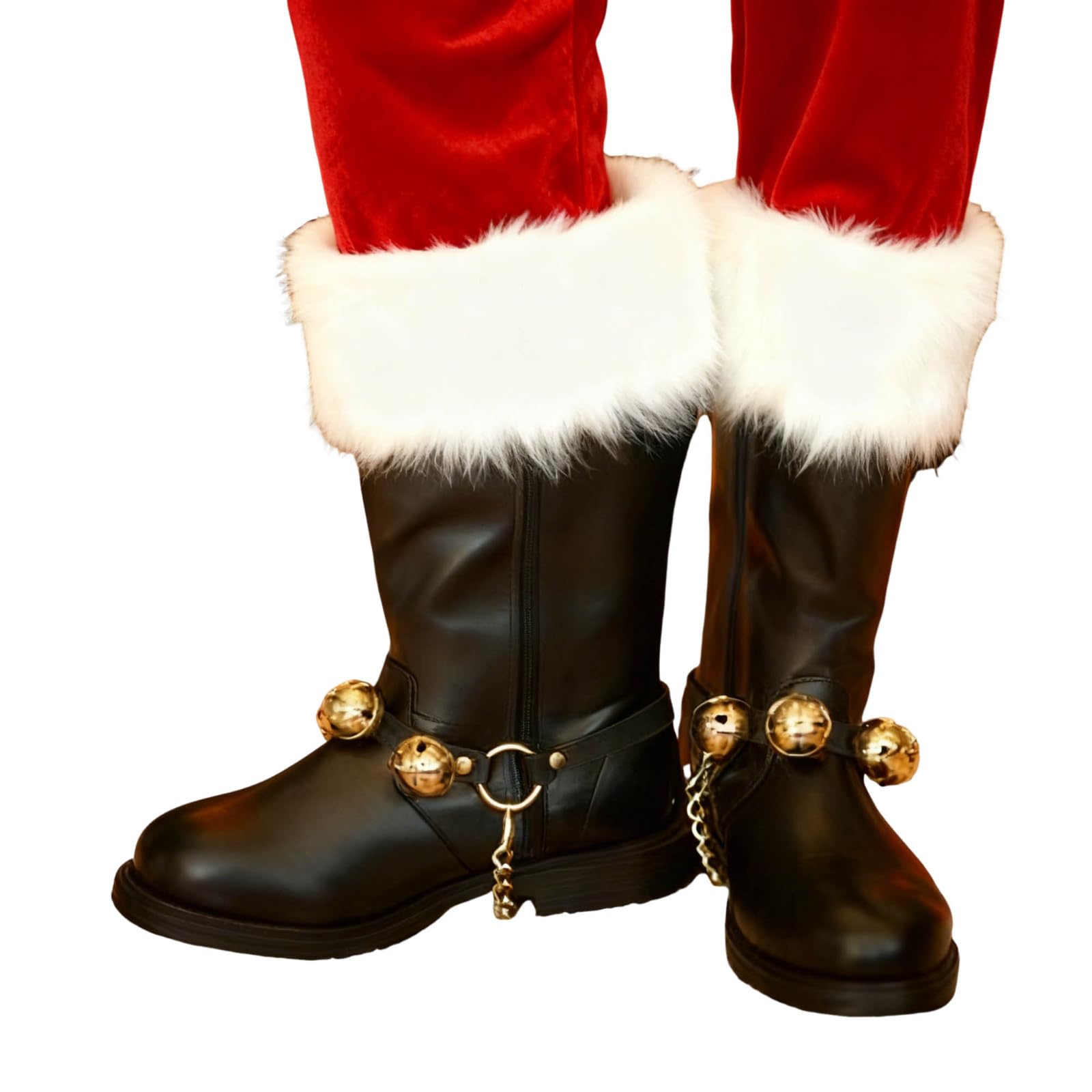 Bottes de Père Noël pour Hommes, Bottes de Neige Larges avec Poignets en Peluche Blanche et Boucle de Fermeture, Couvre-bottes Longueur Moyenne d'Hiver en Cuir, Accessoires de Cosplay du Père Noël