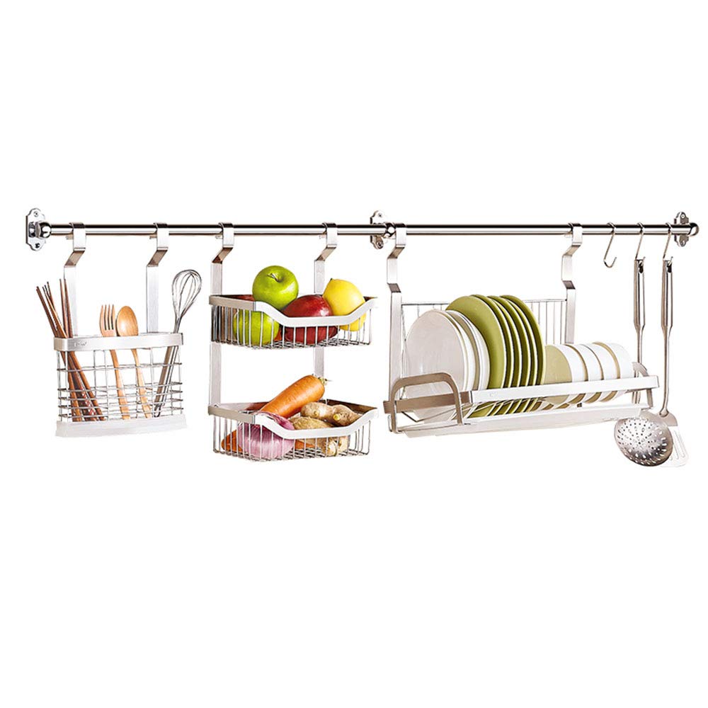 TYUHDUYUR Kitchen Dish Drying Rack, Wall-Mounted Stainless Steel Dish Drainer Rack, Fruit and Vegetable Basket/Utensil Holder, 100Cm Long Pole