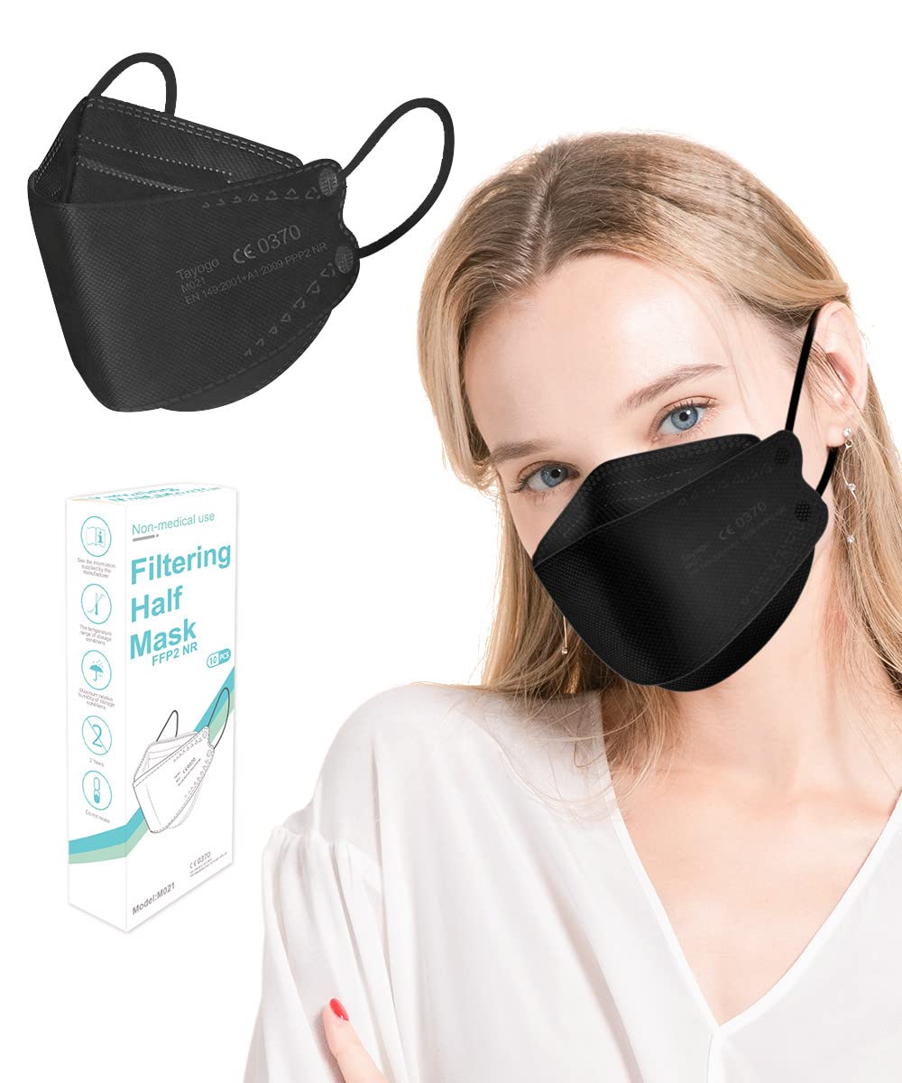 Tayogo FFP2 Mask Black, Disposable Face mask,4-Layer Filtration System, KN95 Mask Respirator, CE certififed EN149 Standard 10Pcs10pcs/20pcs Individually Packaged