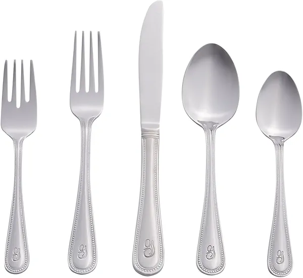 RiverRidge Monogrammed Beaded Flatware Set - G - 46-Piece Silverware with Custom Letter Stamp, 18/0 Stainless Steel Utensils Set for Daily Use & Special Occasions - Dishwasher Safe, Versatile Design
