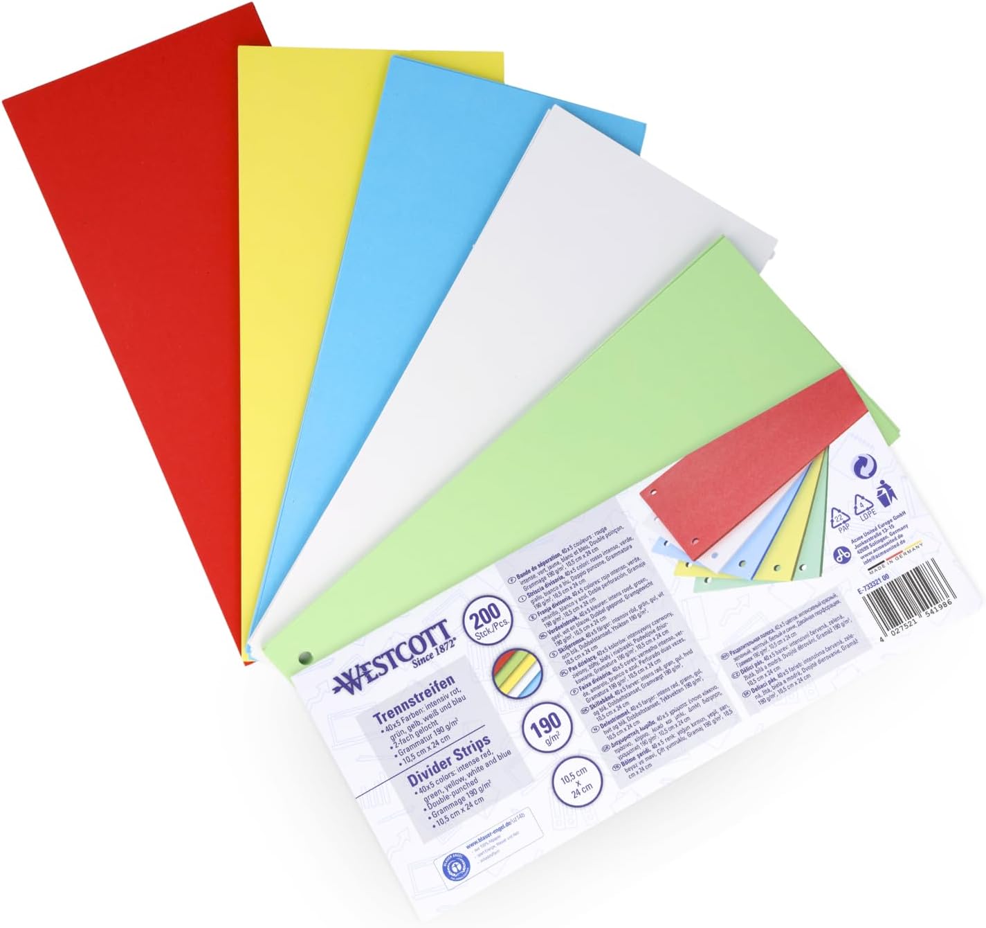 Westcott Divider Strips Pack of 200 Intensive Colours Mix | Robust Stapling Strips 190 g/m² for A4 Folders | Dividers 10.5 x 24 cm | Index with 2-Hole Punching for DIN A4 Documents | E-733321 00