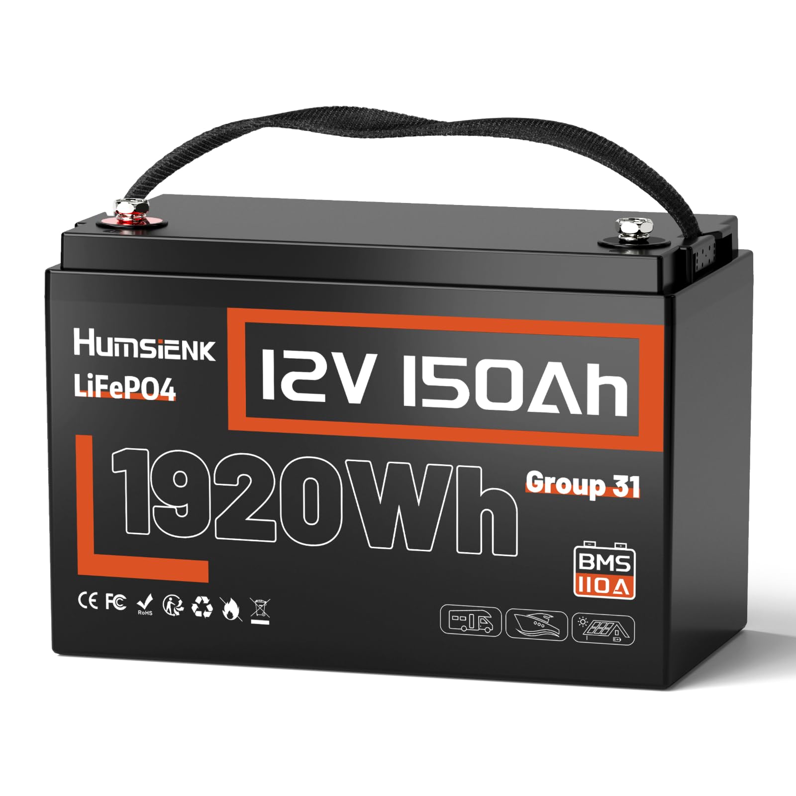 Humsienk 12V 150Ah akumulator Deep Cycle LiFePO4 z BMS 110 A, 15000 cykli, maks. 1920 Wh energii z funkcją ochrony przed niską temperaturą, idealny zamiennik dla akumulatorów kwasowo-ołowiowych