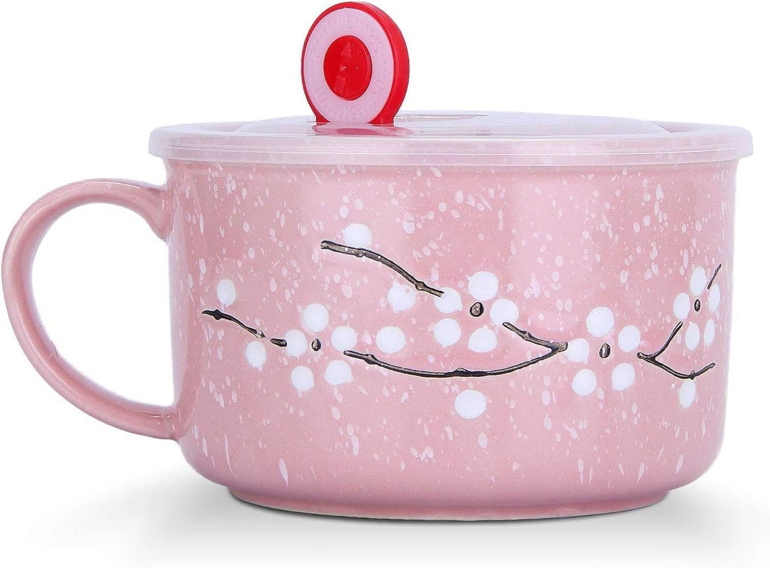 Taza Grande 800ml con Tapa y Asa Tazas de Cereales Cuenco de Fideos Flores de Cerezo entre Copos de Nieve Patrón para Ensalada de Fideos(Rosa)