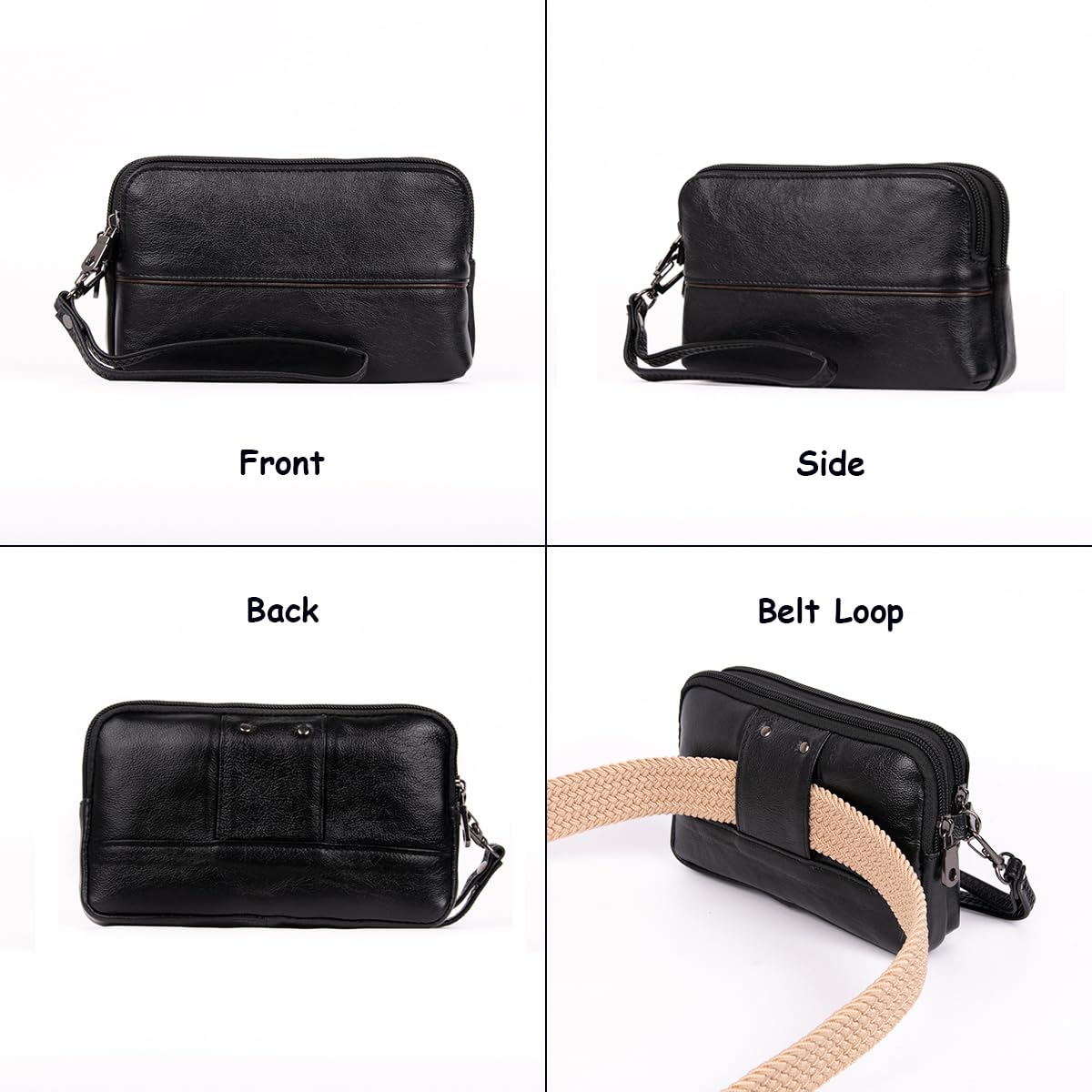Herren Echtleder Clutch Tasche Gürtelholster mit Handgelenkschlaufe & Gürtelschlaufe, Kleine Casual Handy Handtasche Geldbörse, Multifunktionale Leder Gürteltasche für Business Reisen Camping Black
