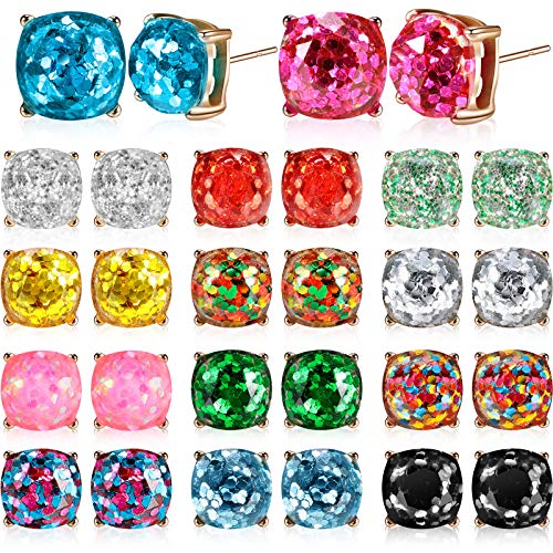 14 Pairs Valentine's Day Faux Druzy Earrings Faceted Square Glitter Stud Pierced Earrings Stainless Steel Bohemian Druzy Stud Earrings Set For Women Girls Present #TOP12