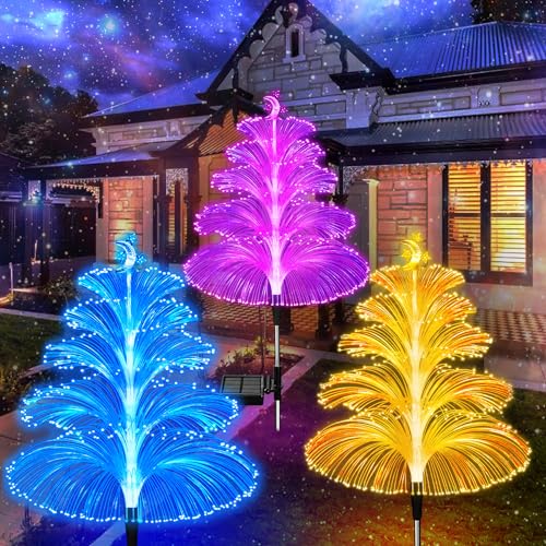 WEITEXS Solar Garden Lights Decorations Outdoor Waterproof 5 Layer Optical Fiber 7 Color Changing for Yard Pathway Outside Decorative Gifts for Mother's Women, 3 Pack