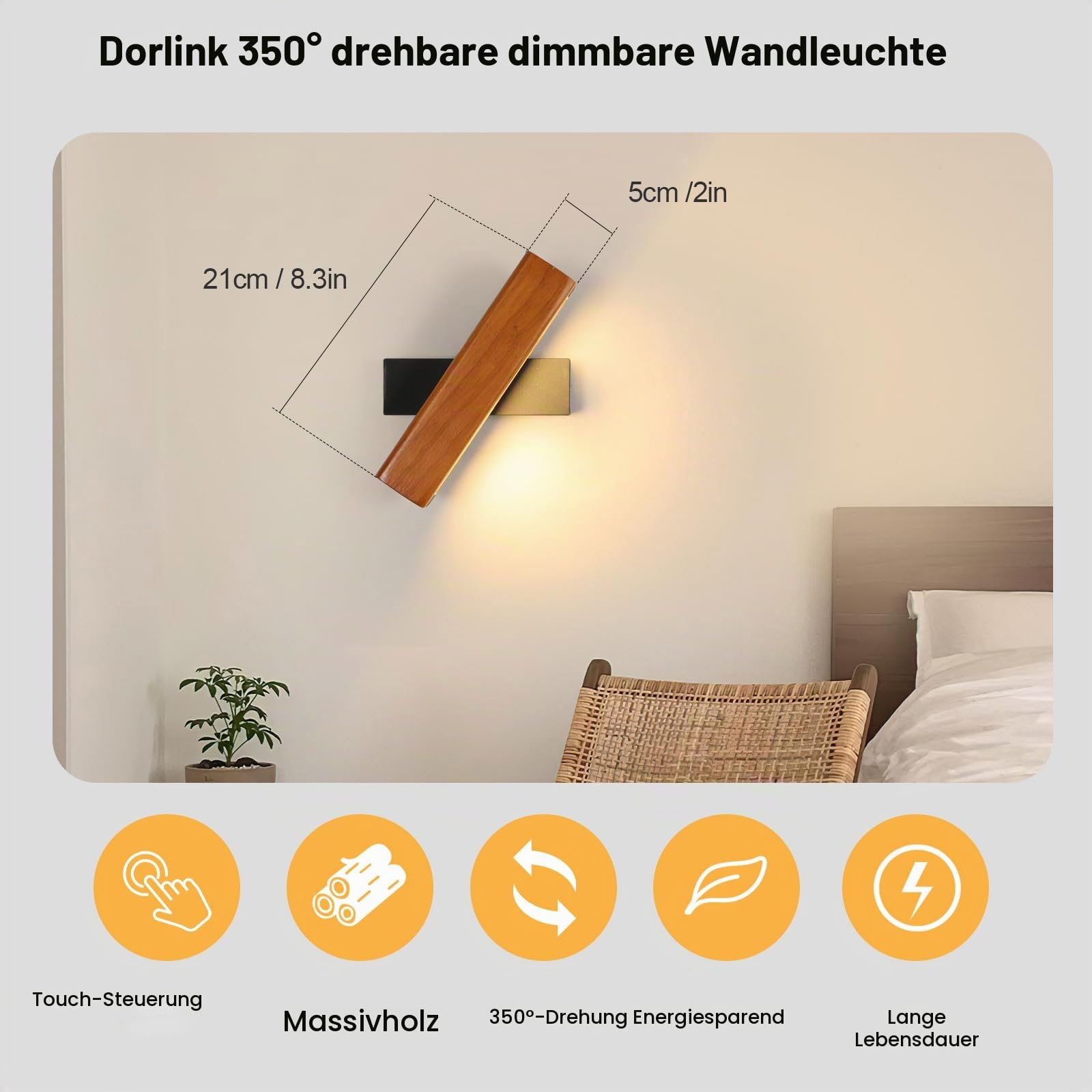 Dorlink Led Wandleuchte Innen mit Touch Schalter Stufenlos Dimmbar,3000k Warmweiß Holz Wandlampe,350°Drehbarer Wandlampe Innen,Moderne Wandleuchten für Schlafzimmer,Flur,Treppenhaus,Veranda