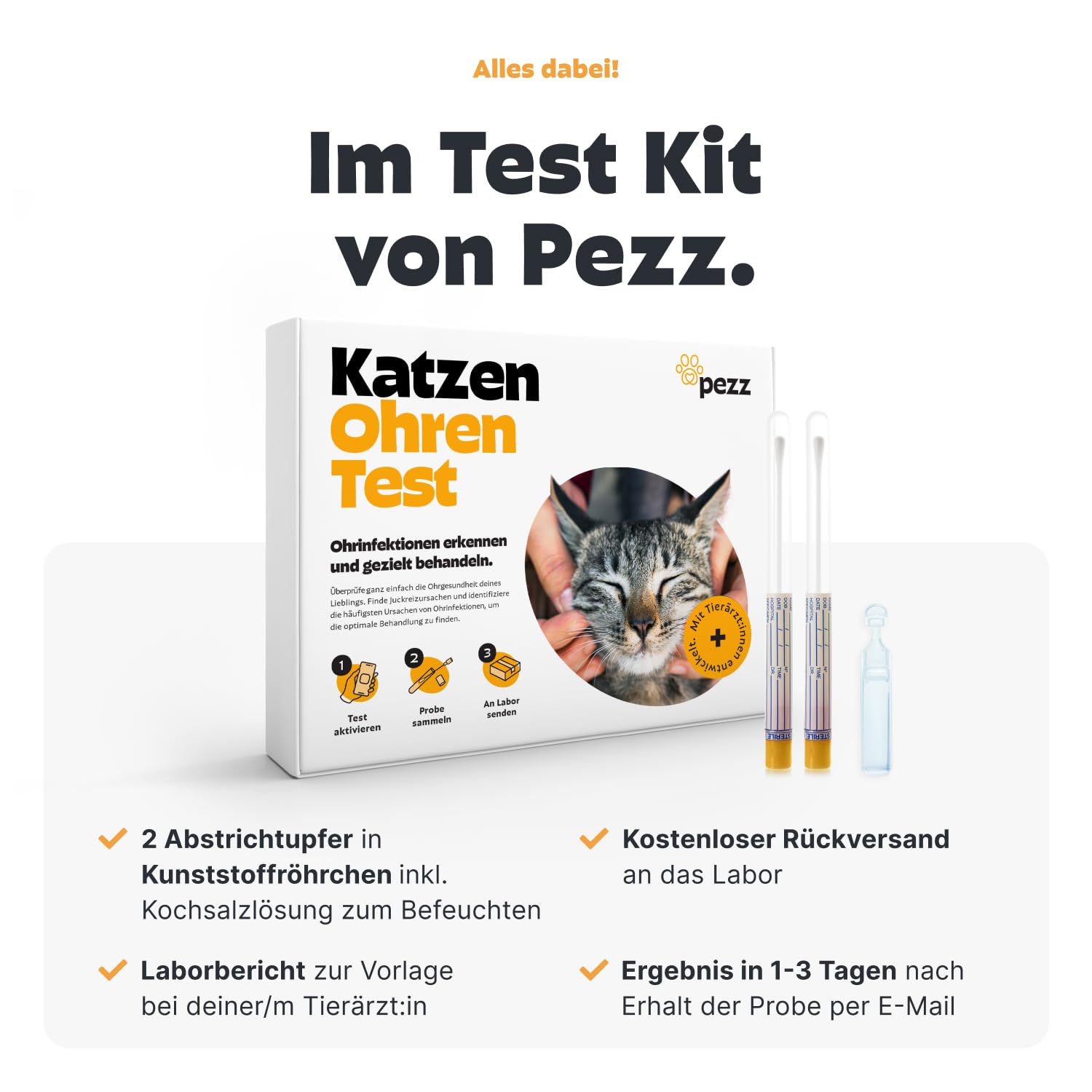 Pezz Ohrentest für Katzen zum Testen auf Ursachen von Ohreninfektionen (Milben, Bakterien & Hefepilz) | Abstrich-Proben von beiden Ohren | Ergebnis als Labor-Befund | gratis Labor-Versand