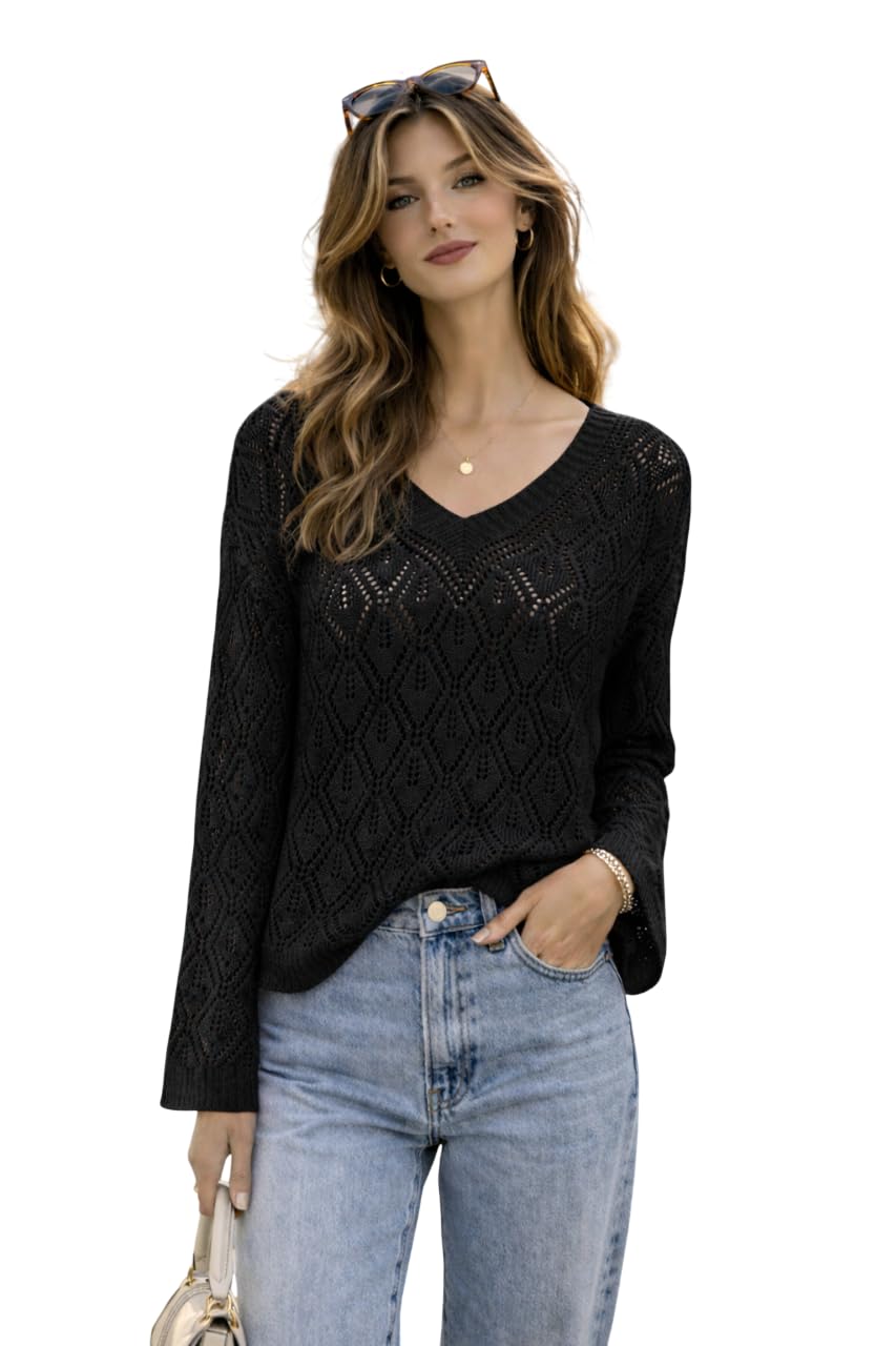 Women's V-Neck Top, Long Sleeve, Pointelle Knit Pattern, Lightweight Top-image-47