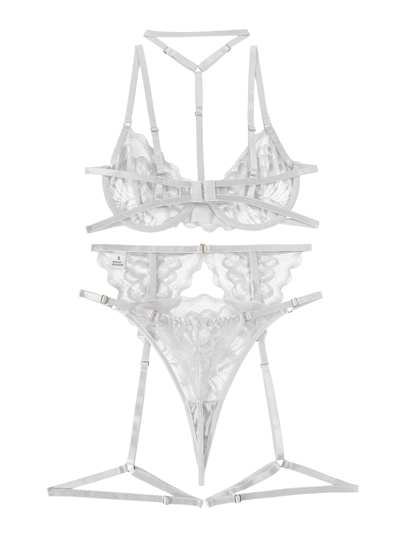 Lilosy Sexy Choker Floral Lace Scallop Sheer Underwire Push Up Garter Belt Lingerie Set 3 Piece: Medium White