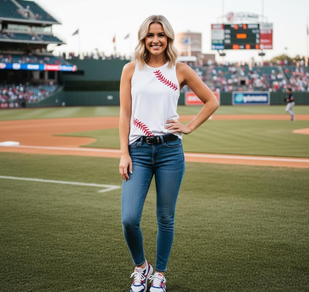 Baseball O-Neck Tank Women Print Baseball Tanks Cute Workout Graphic Casual Summer Sleeveless Vest Top - Image 4