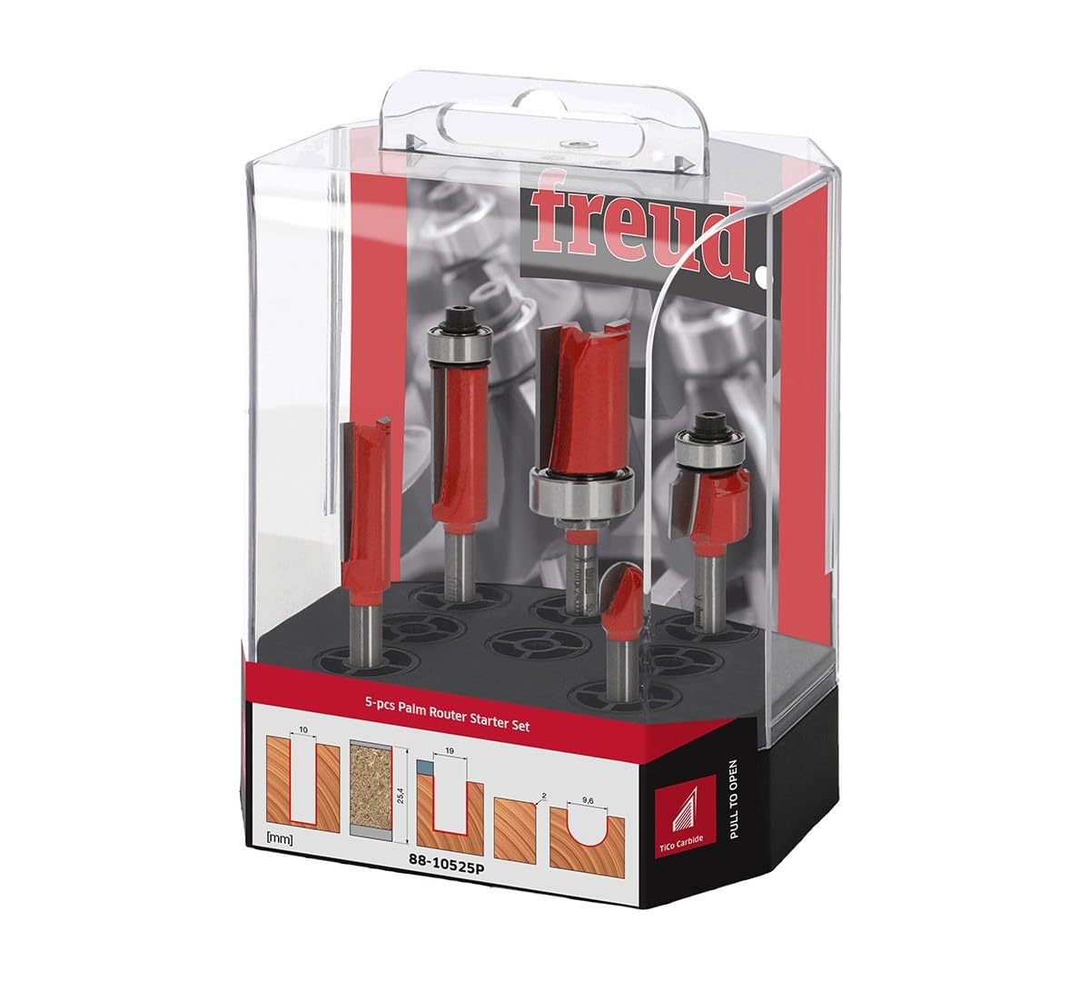 Freud Set Misto per Rifilatori contenente 5 frese per legno con taglienti in metallo duro HW, codolo gambo A=6 mm - 88-10506P - F03FR04805