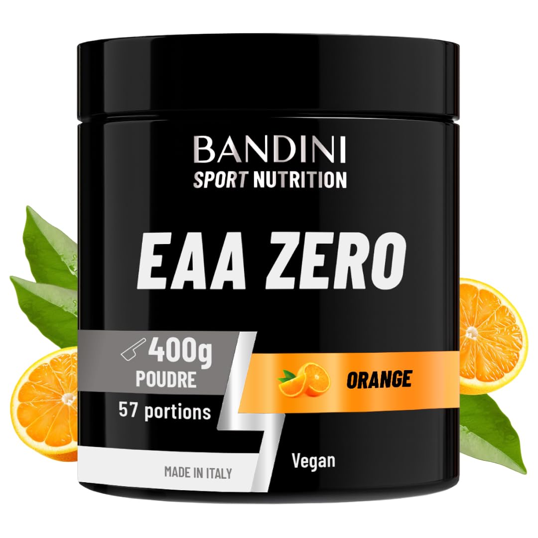Bandini® EAA ZERO Poudre | Acides Aminés Essentiels AAE 400g Powder | Supplément Végétalien Sans Sucre | Apport Optimal de 9 Amino Acids | Puissant Pre Workout | Boisson Vegan au goût d'Orange