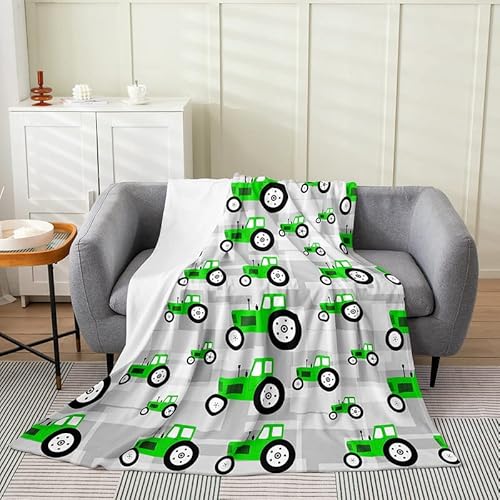 Kids Tractor Flannel Fleece Throw Blanket,Cartoon Farm Equipment Trucks Fuzzy Blanket for Bed Sofa Couch,Harvester Tractor Bed Blanket Breathable Green Plush Blanket Room Decor 40"x50"