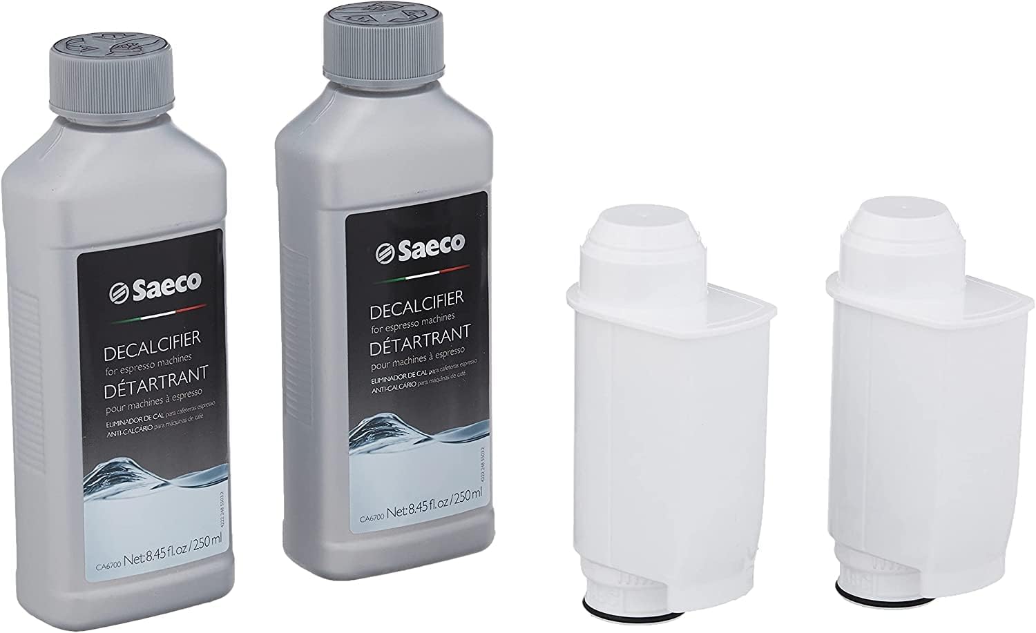 Two bottles of Saeco decalcifier and two Saeco water filters