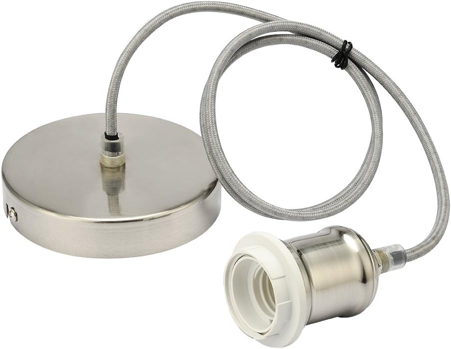 Braided Flex Lamp Holder, Suspended Pendant Light Fitting E27 Lamp Holder Satin Ceiling Rose-Satin Nickle