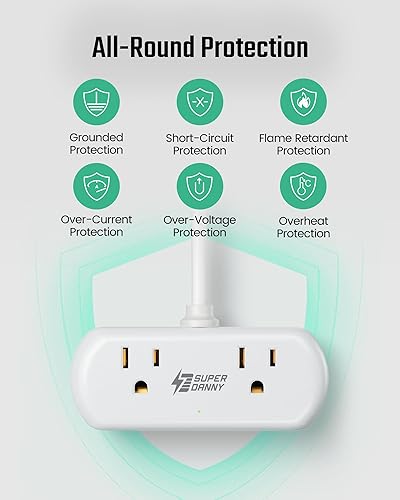 Miniatura 7 de Regleta de alimentación con USB, SUPERDANNY Mini protector de sobretensiones con 2 tomas de corriente espaciadas amplias, 3 USB-A 1 USB-C, cable de