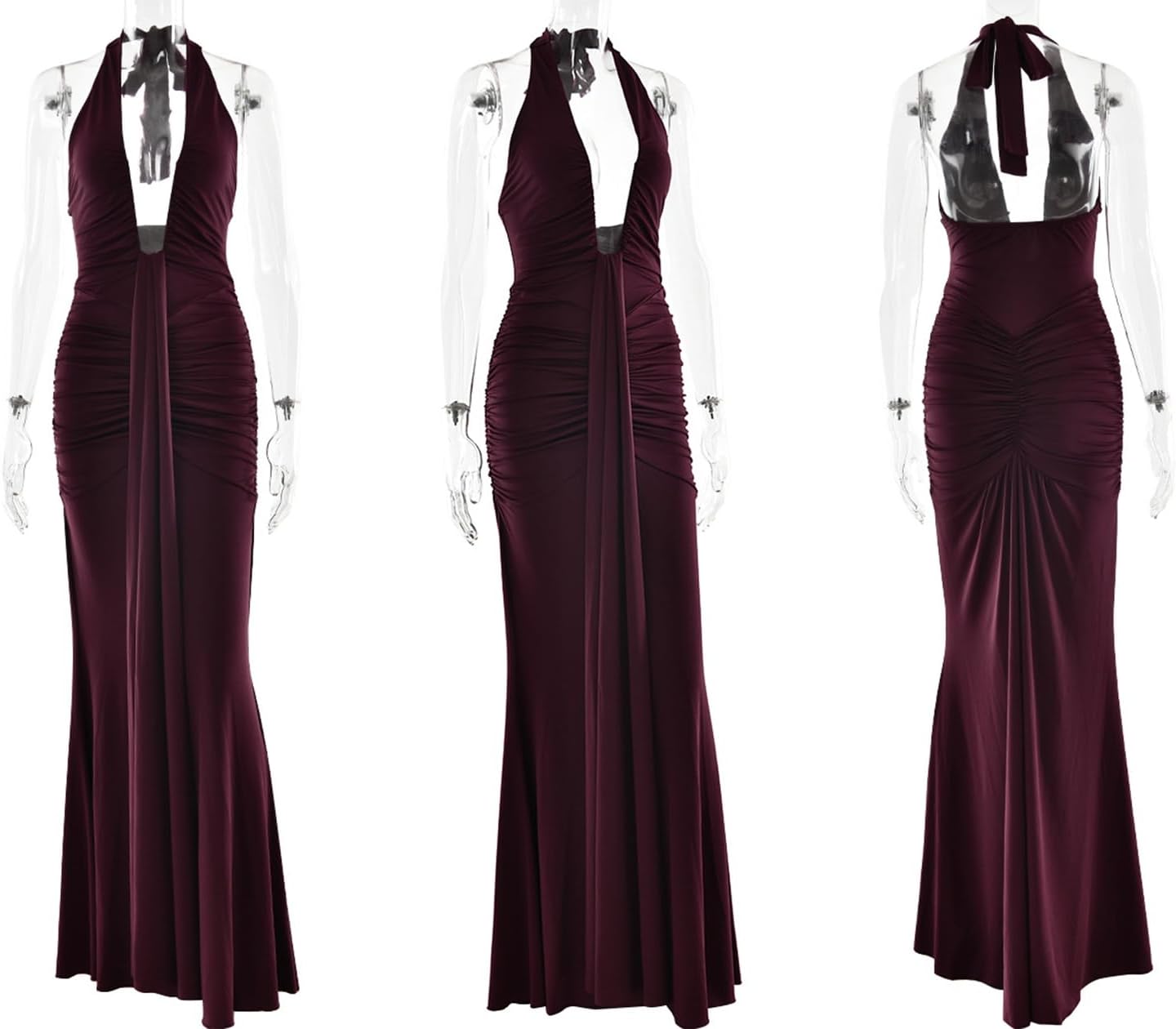 SHINFY Women Summer Halter Maxi Dress Ruched Bodycon V Neck Formal Cocktail Party Evening Dress - Image 5