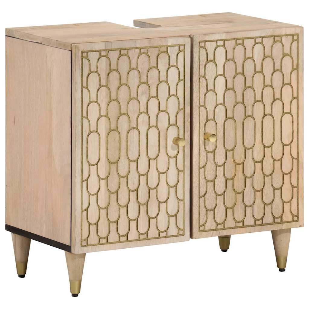 Szafka pod umywalkę z litego drewna mango, 62 x 33 x 58 cm, z ręcznie rzeźbionym wzorem, miejsce do przechowywania i miejsce do przechowywania szafki łazienkowej, umywalki, komody