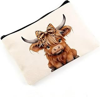 GRITOSE Spring Small Makeup Bag Cute Cattle with Brown Bow designs Cosmetic Bag Work Toiletry Bags Accessories for Family Friend Student Workday Birthday Gift Travel Pouch with Zipper