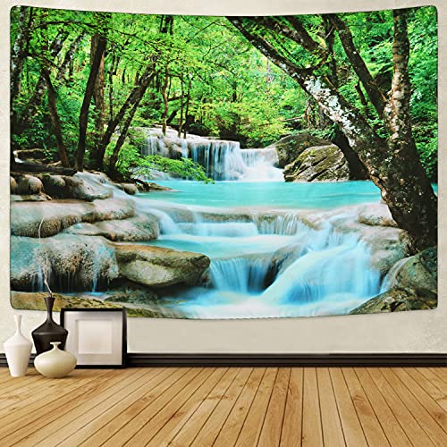 Pknoclan 森タペストリー 渓流柄壁掛けタペストリー 森のカスケードタペストリー 自然風景布ポスター 木 森の滝 210x150cm大判壁掛け布 部屋 窓 模様替え インテリア飾り