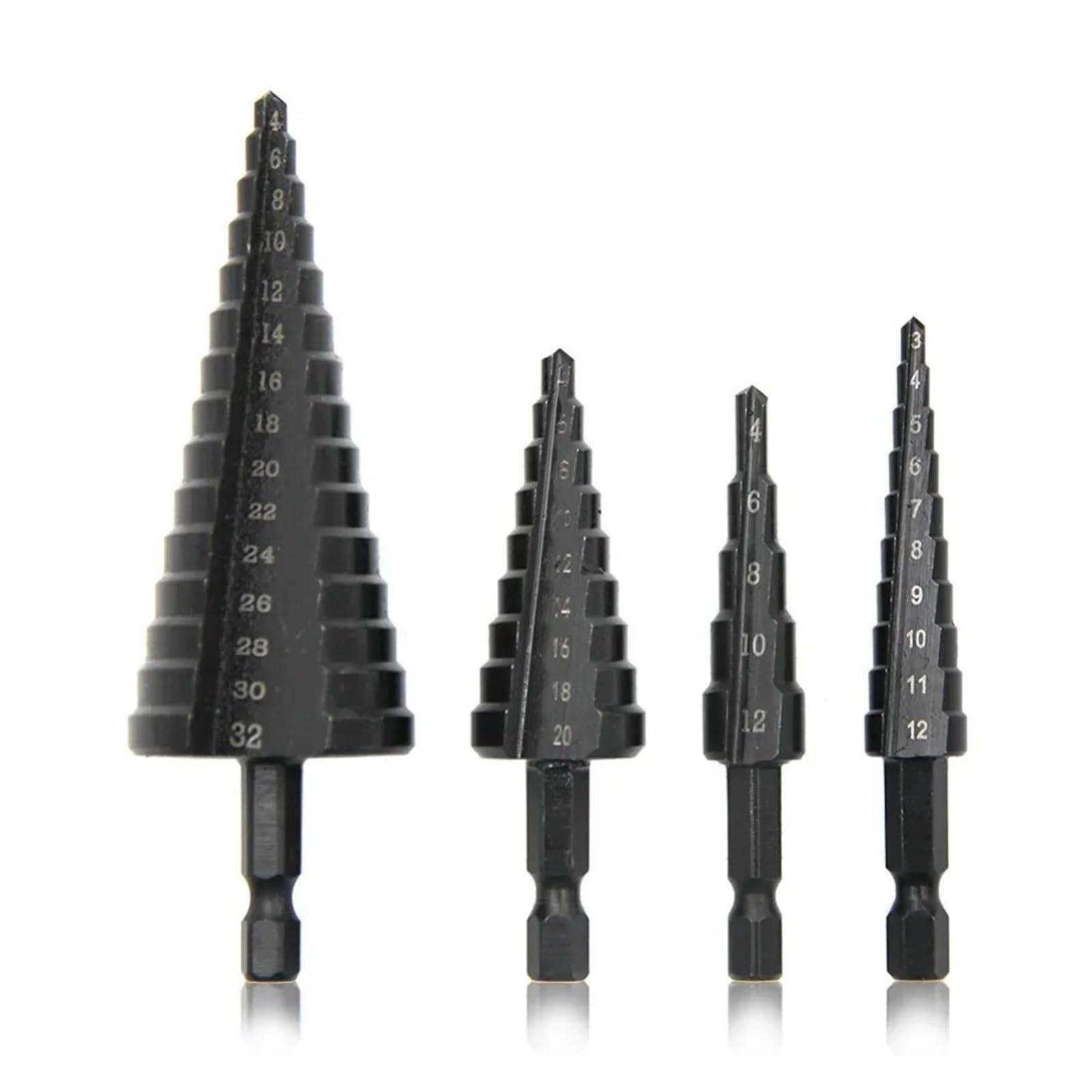 Broca escalonada HSS Vástago Hexagonal, broca escalonada negra de ranura recta, 3-12/4-12/4-20/4-32mm, juego de herramientas de taladro de torre escariado, 3 uds.(Big 3Pcs Set)
