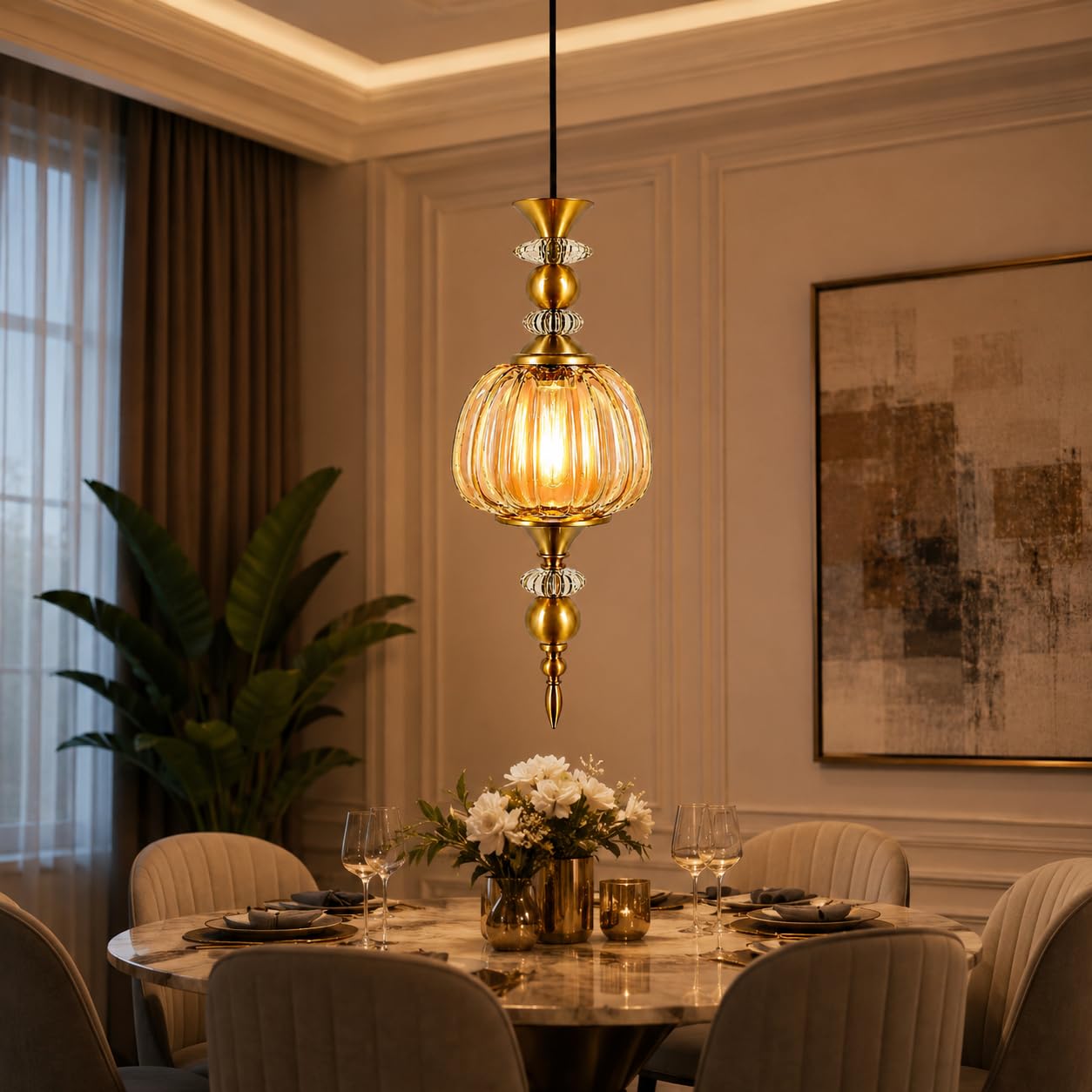 TRIPPING Antique Brass Gold Hanging Pendant Light with Amber Ribbed Glass Shade, Crystal Ring Accents, E27 Holder, Warm Decorative Ceiling Lamp for Living Room, Dining, Bedroom, Café and Hotel-image-40