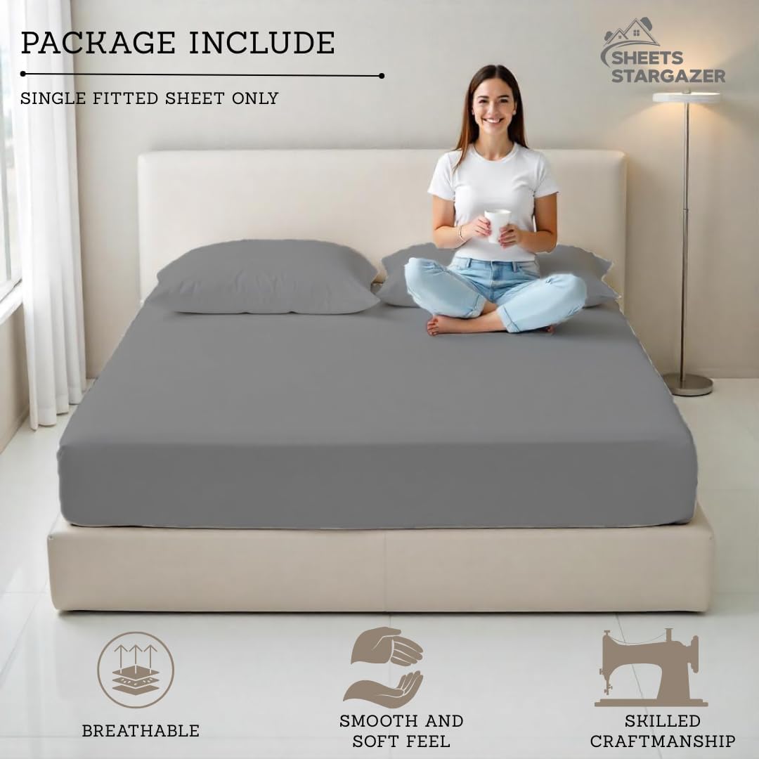 Egyptian Cotton Queen Fitted Sheet Only 800 Thread Count Sateen Weave, 18 Inch Deep Pocket, Soft, Breathable & Cooling Fitted Sheet, Light Grey