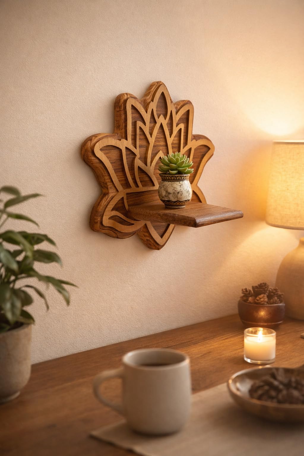 Lamonade24 Wooden Lotus Shape Wall Shelf for Home Decor | Decorative Floating Wall Mounted Shelf for Living Room, Bedroom & Office | Handcrafted Wooden Display Rack-image-48