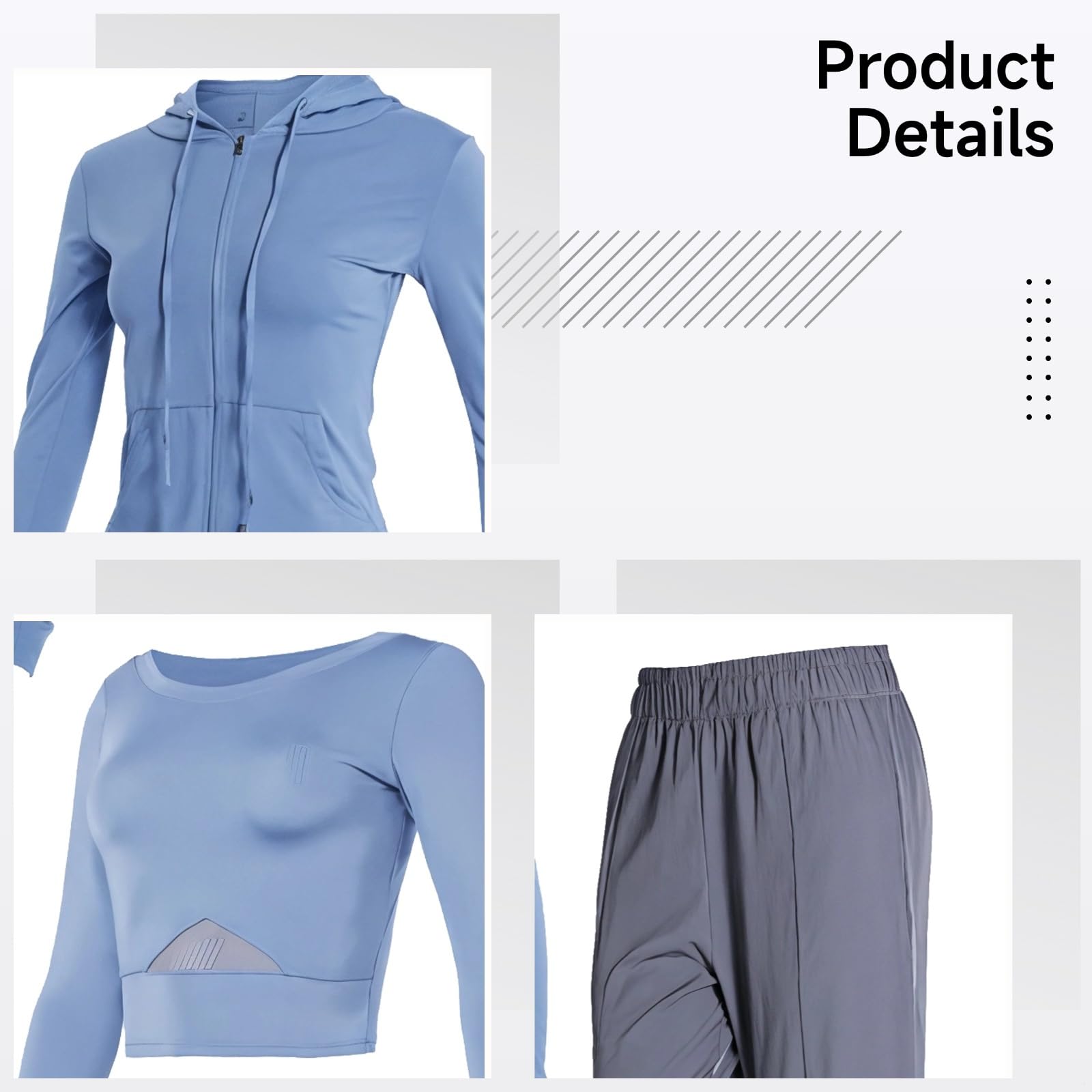 Damen Activewear Yoga-Set mit Kapuzenjacke, Sport-BH, Jogger; 3-teiliges Outfit für Fitnessstudio oder Freizeit, Größen S-XL, Blau und Grau, Einheitsgröße