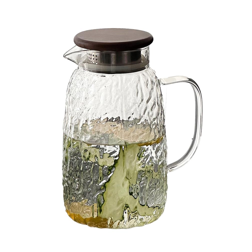 YTSMZX Glass Water Jug Transparent With Lid Iced Tea Pitcher for Fridge Carafe With Lid Glass Water Jug For Juice Milk Cold Or Hot Beverages Wooden Kettle Lid,1.8L