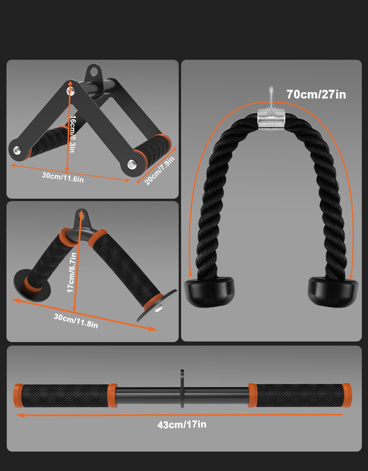 Fitarc Set Accessori Lat Machine 4 Pezzi, Accessori Palestra per Cavi, Impugnature Antiscivolo, per Allenamento Schiena, Bicipiti e Tricipiti, Uso Casa e Palestra, Arancione