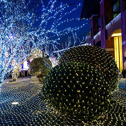 JMEXSUSS Solar Net Mesh String Lights Outdoor Waterproof Lights, 8 Modes Remote Control Waterproof Solar Net Lights Outdoor Green Wire 9.8ft x 6.6ft 320 LED Mesh Lights(Warm White)