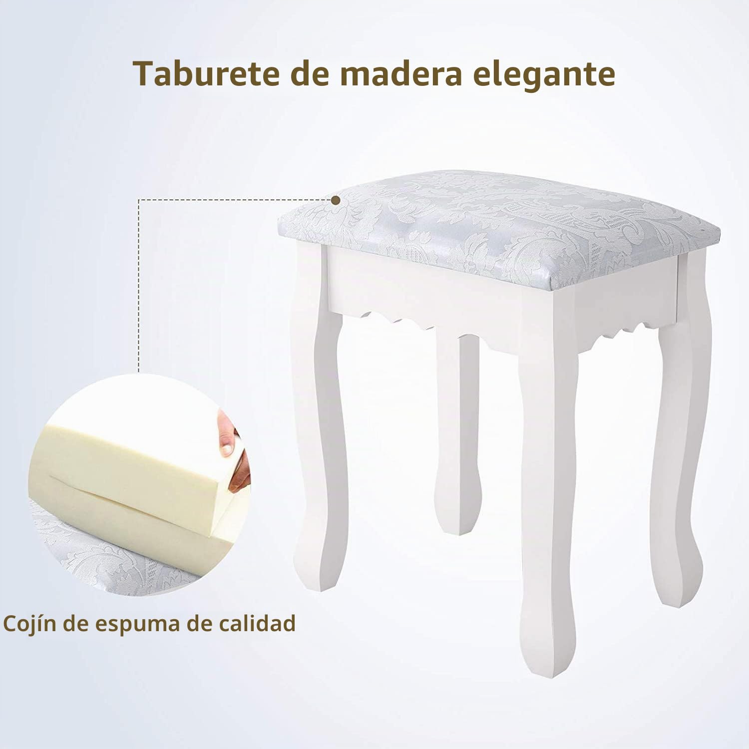 Mesa de tocador de maquillaje con espejo, juego de tocador blanco con taburete acolchado suave, 3 cajones de almacenamiento, tocador de dormitorio, mesa de maquillaje con taburete acolchado