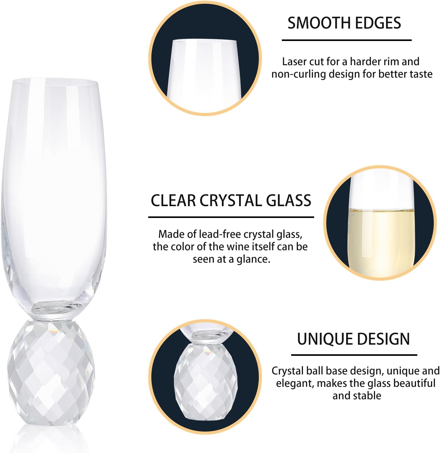 Glass Stemless Champagne Flutes with Crystal Base, 1Pack 7oz Lead-free Reusable Champagne Glasses, Prosecco Glasses, Mimosa Glasses, Gift for Birthday, Wedding, Valentine's Day - Image 4