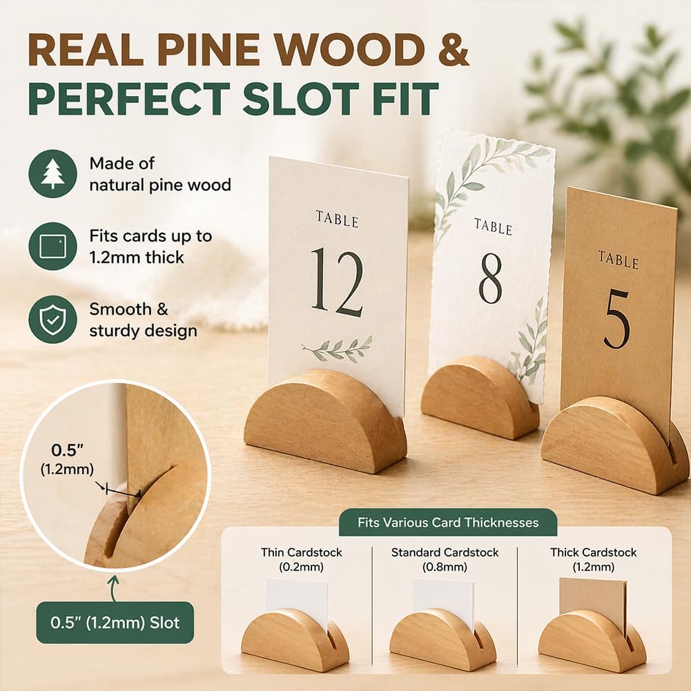 24/50/100 Pcs Place Card Holders, Wooden Table Tent Holder with Card & Self-Adhesive Backing, Semicircular Design Table Number Stands for Retail Shop Wedding Party Events Decoration (100, Brown)