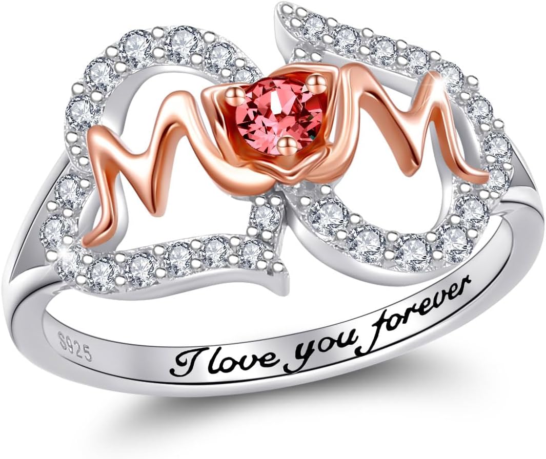 Mothers Ring 925 Sterling Silver Double Heart Red Birthstone I Love You Forever Mom Rings Jewelry Birthday Mothers Day Gifts for Women Mom Grandma Size 6-9