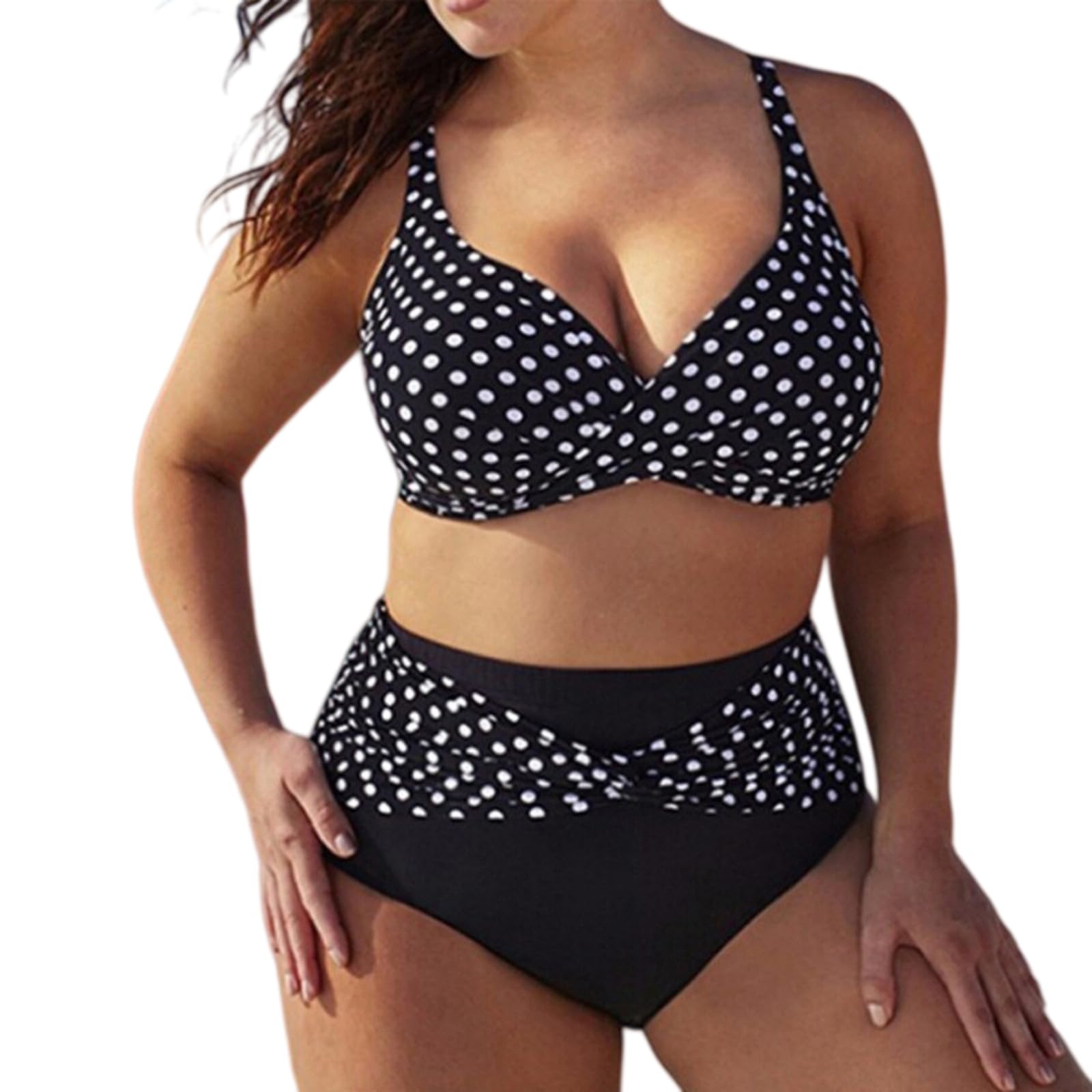 Set Bikini Donna Plus Size Nero Bianco Polka DOT Due Pezzi Croce Avvolgere Alta Vita Pancia Controllo Costume da Bagno per Le Donne Curve