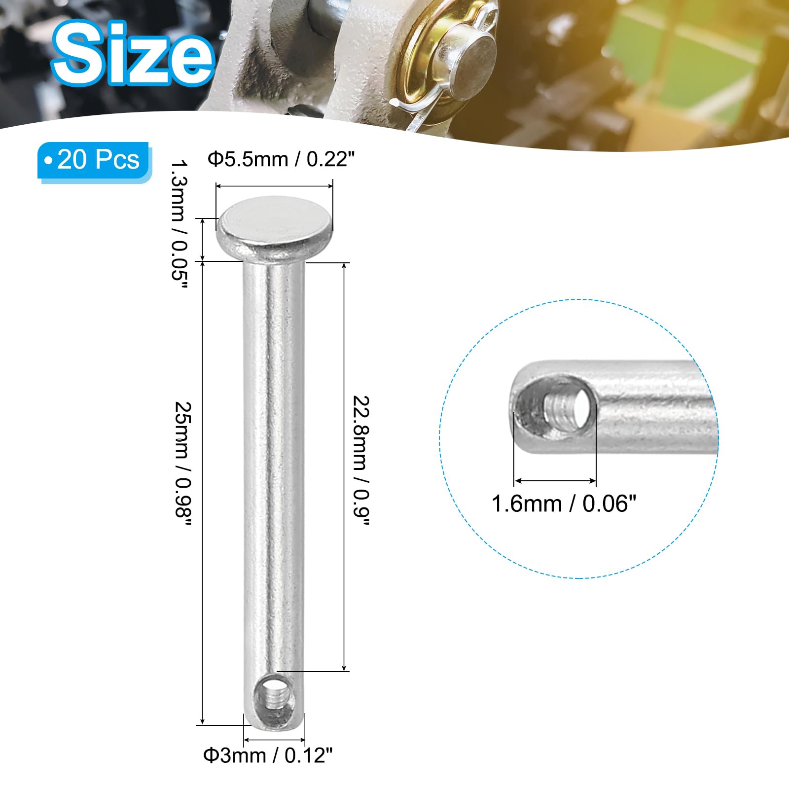 PATIKIL 3 x 25 Mm Single Hole Clevis Pins, 20 Pcs 304 Stainless Steel Flat Head Pin for Hitch Pin Lock Link Hinge Systems Silver - Image 2