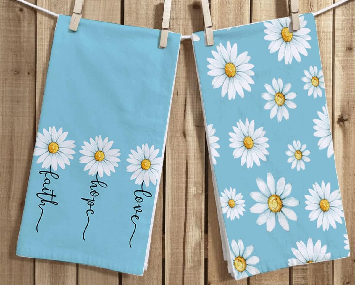 Watercolor Daisy Flower Kitchen Dish Towel 18 x 28 Inch Set of 2, Love Hope Faith Spring Summer Floral Tea Towels Dish Cloth for Cooking Baking (Pack of 2)
