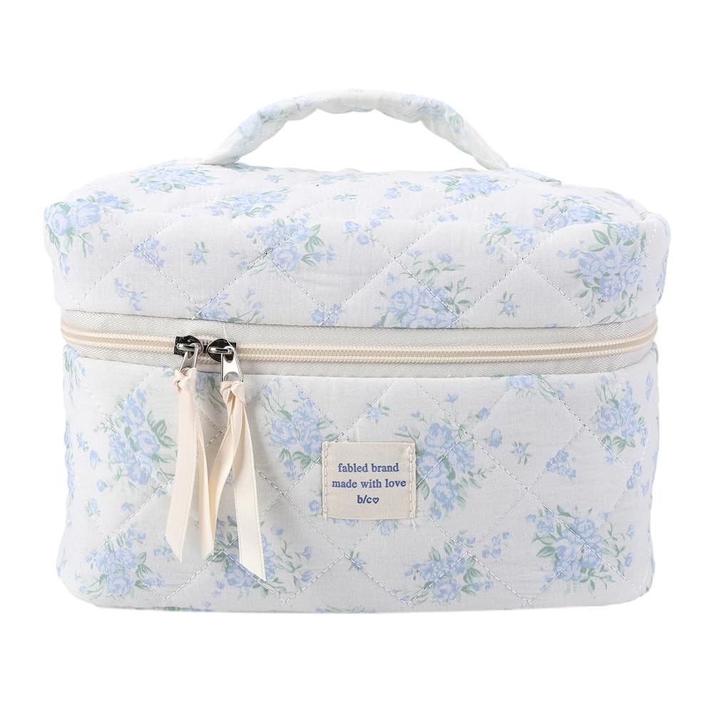 Starnearby Women's Soft Cotton Quilted Toiletry Bag, Floral Makeup Bag, Makeup Storage Pouch, Quilted Makeup Pouch, Travel Cosmetic Bag - 1