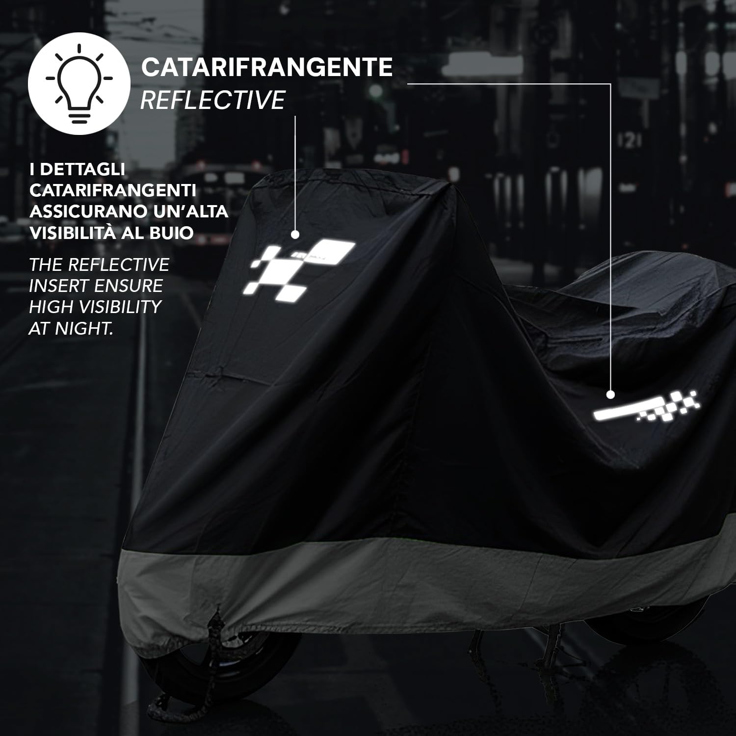 PERLETTI Telo Coprimoto Impermeabile Esterno Interno - Copertura Moto Scooter Universale Inserti Catarifrangenti - Protezione Raggi UV Pioggia Ghiaccio Polvere Fibbia Antivento (240x105x125cm)