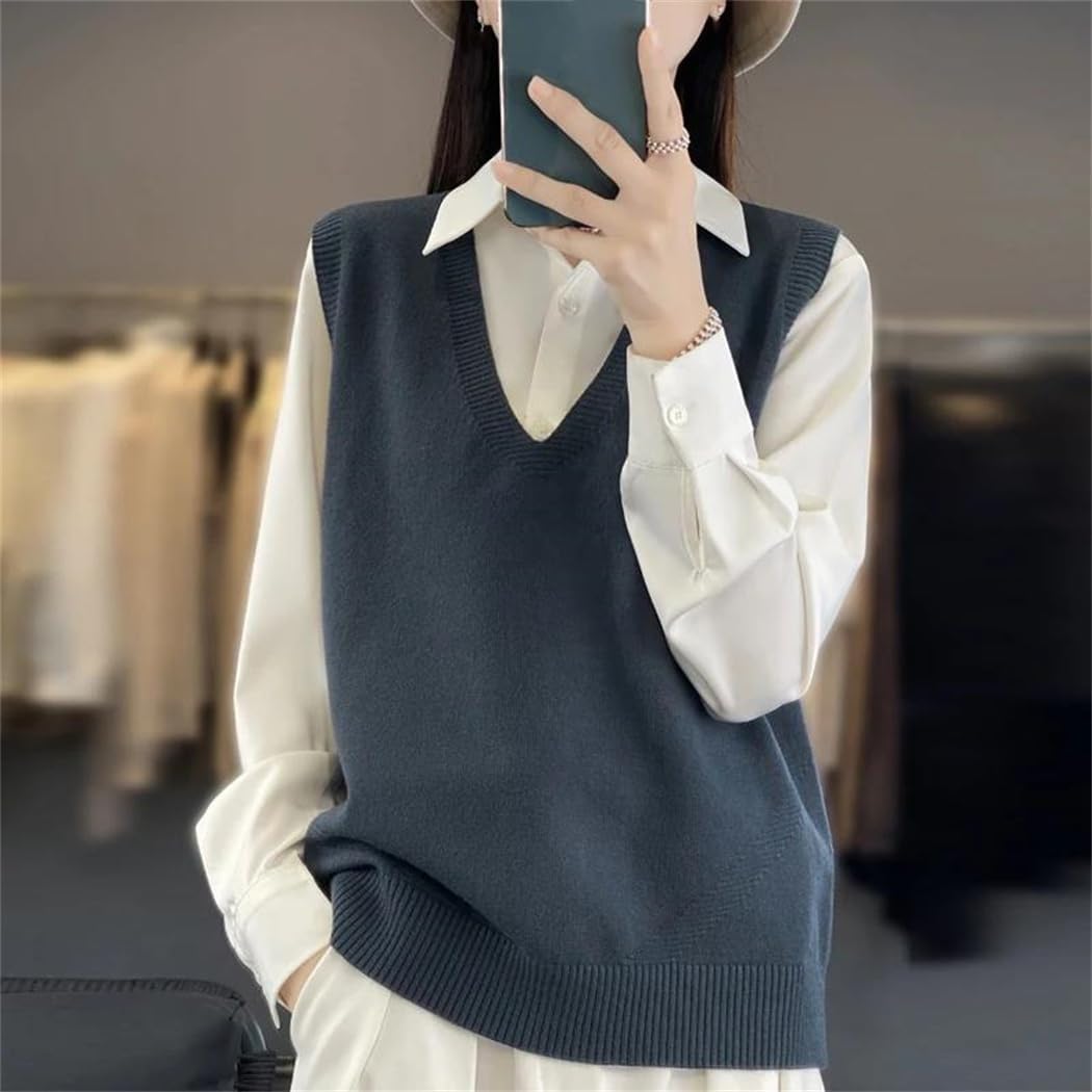 Autumn Winter Women's Wool Sweater V-Neck Pullover Vest Fashion Knitted Sleeveless Loose Woolen Sweater