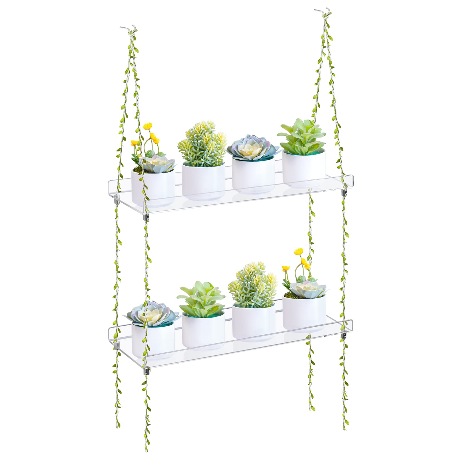 Sumerflos Acrylic Window Boxes Window Plant Shelves 2 Tier - Clear Hanging Shelf Indoor Jute Twine Adjustable Plant Holder for Window Wall Living Room Balcony Natural