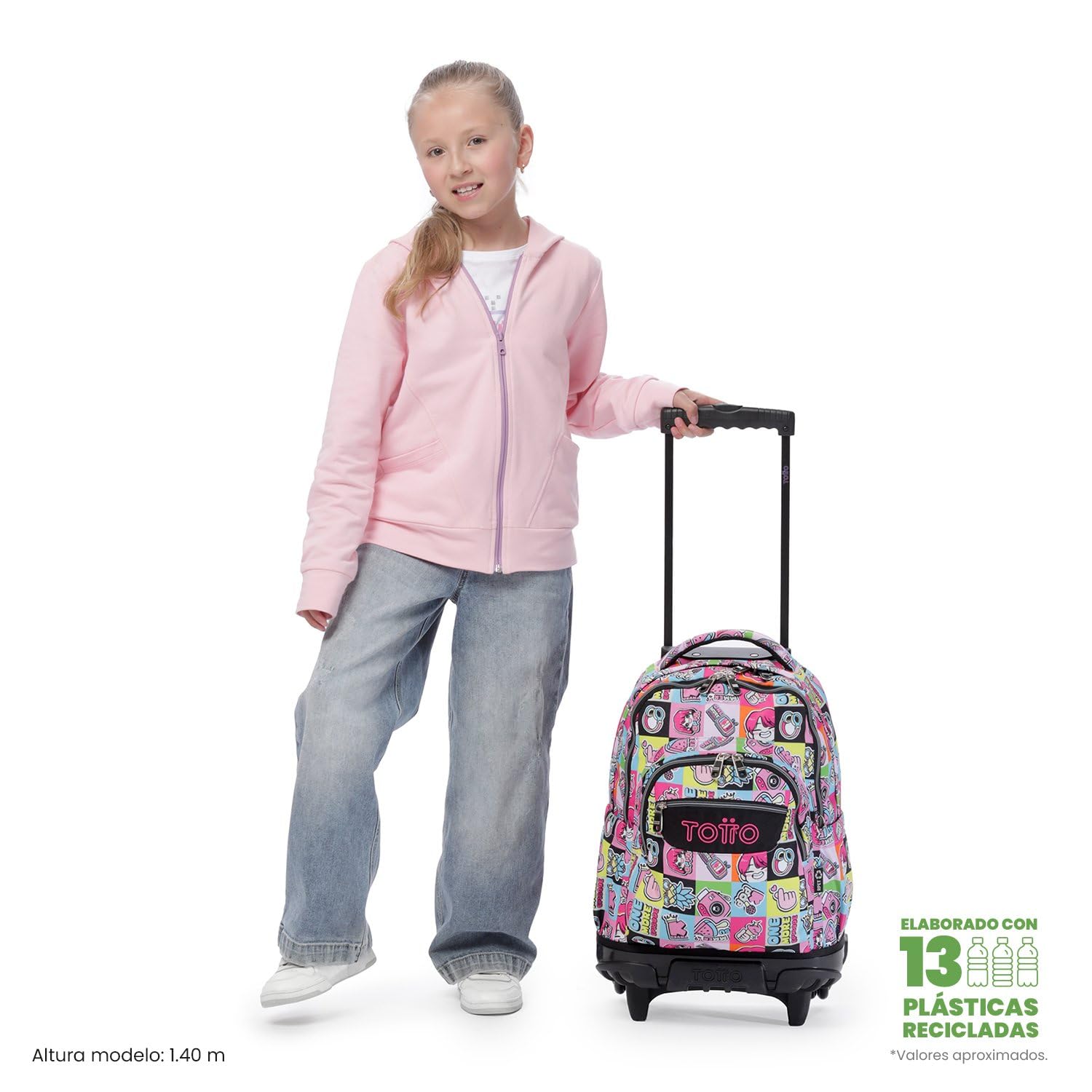 TOTTO - Mochila Escolar con Ruedas, Modelo Renglones, Capacidad 26,21 Litros, Bolsillo para PC 14", Bolsillo Botella, Correas en S para Mayor Comodidad, Resistente, Estampado K-Pop Rosa