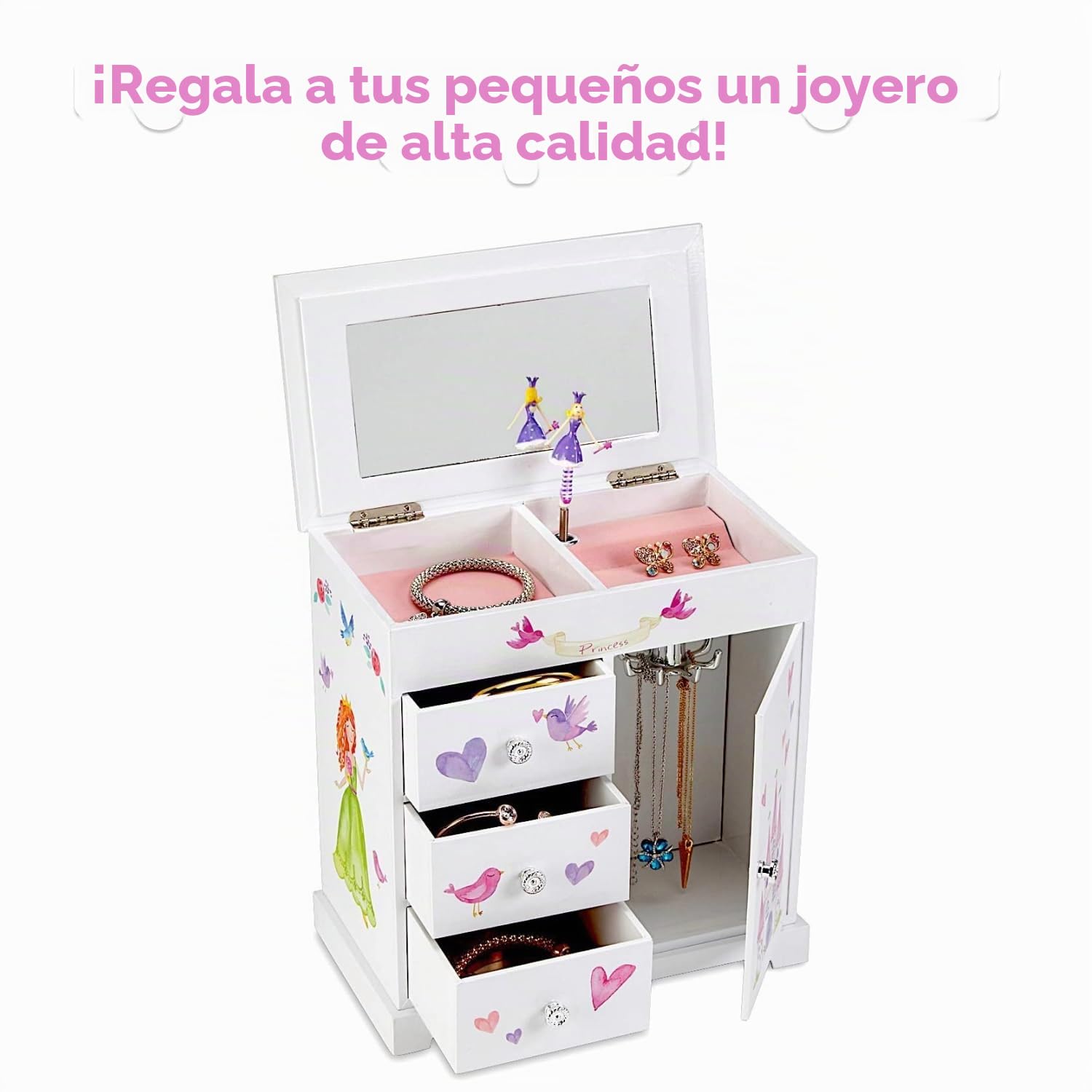 Jewelkeeper Joyero Musical Niña con 4 Cajones - Caja Musical de Recuerdos con Melodía de la Danza del Hada de Azúcar - 24 x 20 x 24 cm