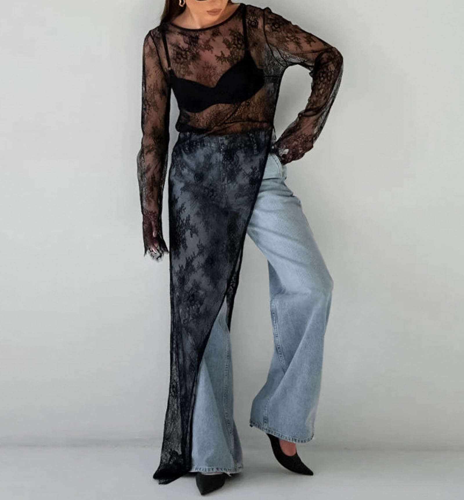Femmes Dentelle Long Blouse Tops Sexy Voir À Travers Maille À Manches Longues Haut Split Y2K Robe Chemise