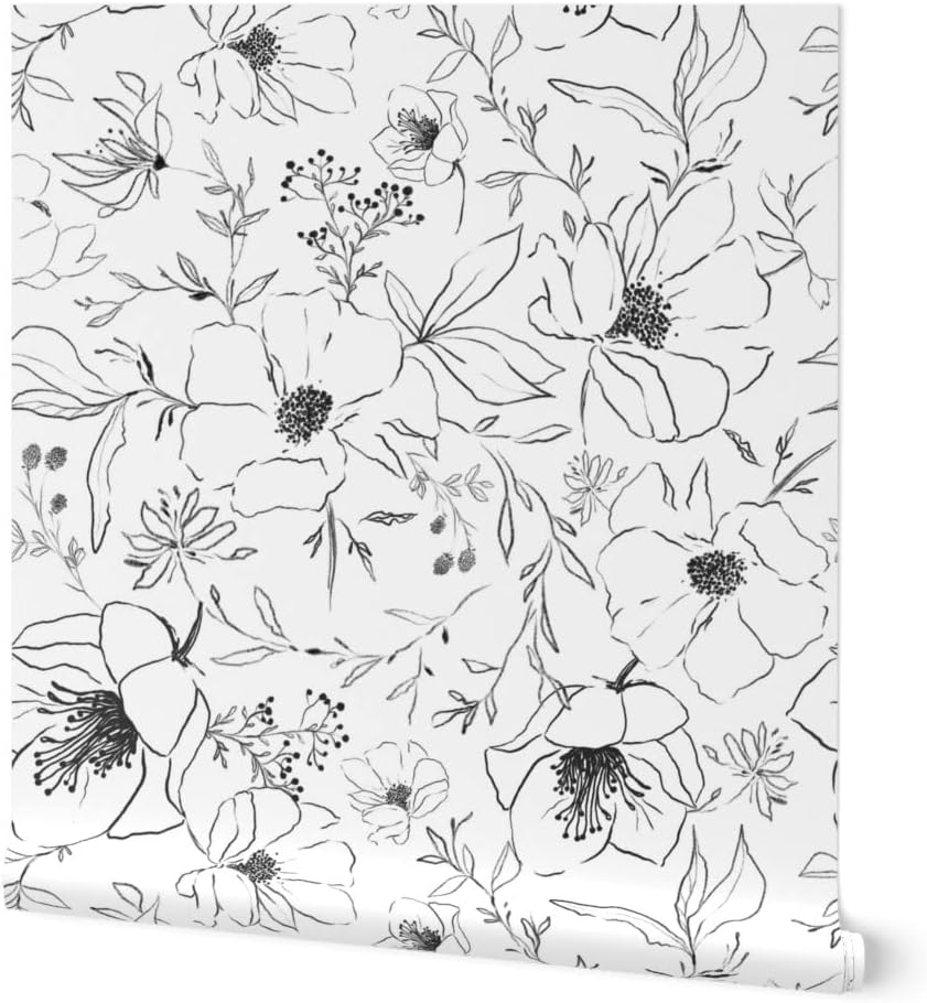 Peel & Stick Wallpaper 3ft x 2ft - Sketch Flowers White Black Flower Leaves Floral Nature Autumn Fall Custom Removable Wallpaper by Spoonflower